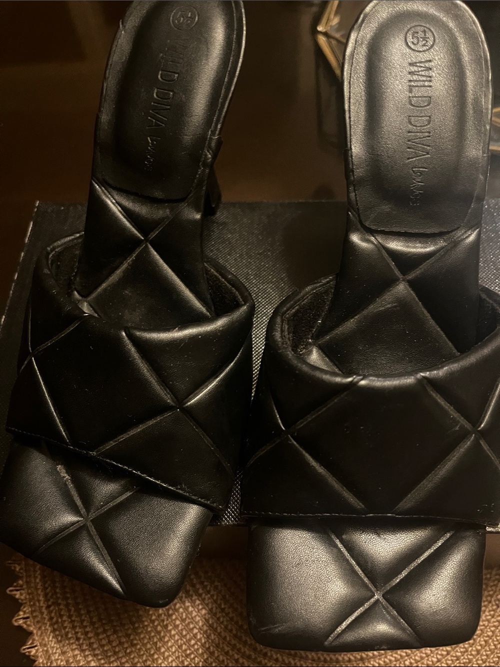 Wild Diva Black Quilted Square-Toe Slide Mules